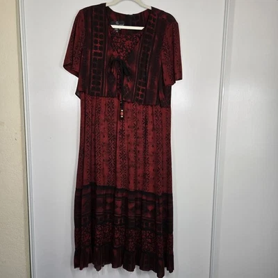 Vestido midi vintage CL rojo negro floral geométrico en capas manga corta cuello atado 14 Foto 1 de 4