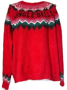 Jingle Bell Christmas Holiday Fuzzy Ugly Sweater w/ Bells Size XL 16-18 Red Soft - Picture 1 of 7