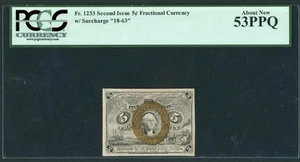 1863 Second Issue 5 Cents Fractional Currency Note FR#1233 Civil War, PCGS AU53 - Picture 1 of 6