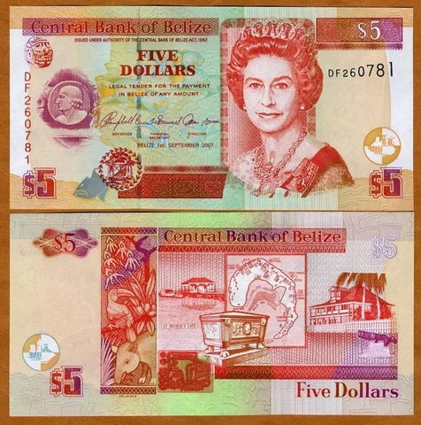 Belize, 5 Dollars, 2007, QEII, P-67c, UNC Cover