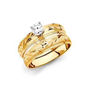 14k Yellow Real Gold CZ Solitaire Wedding Bridal Set Engagement Ring Band Womens - Picture 1 of 1