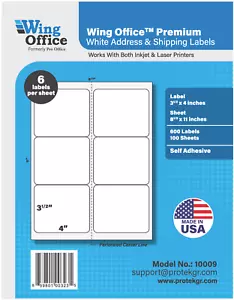 WING OFFICE 600 Premium Shipping Labels Blank Self Adhesive 6 per Sheet 3.33 X 4 - Picture 1 of 6