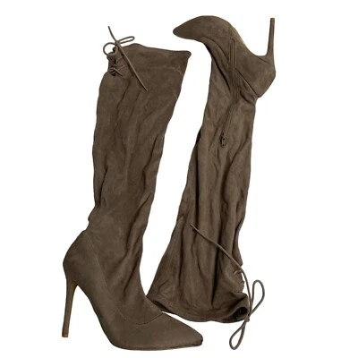 Anne Michelle Rise Up Knee High Boots 8.5 Mocha Brown Faux Suede Stiletto Heel - Image 1 of 4
