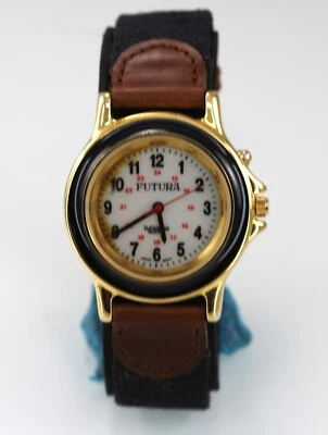 Reloj Futura Hombre Dorado Inoxidable St Marrón Cuero WR Batería 24hr Cuarzo Blanco Foto 1 de 4