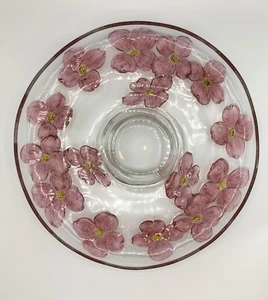 Vintage 13" Pedestal Cake Stand Glass Pink Flowers Upturned Edge - Picture 1 of 6