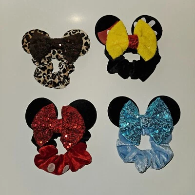 4 Mickey Minnie Mouse Scrunchies Disney Vacation Hair Tie Lot Leopard Cinderella - Image 1 of 4