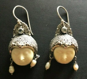Sajen Sterling Silver 925, 14K Yellow Gold, Topaz, Pearls, Earrings with Faces - Picture 1 of 5