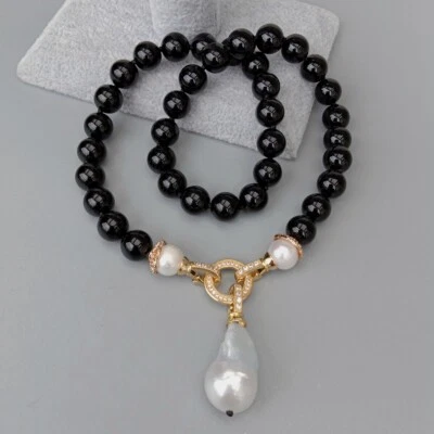 Collar de perlas blancas de ónix liso redondo negro natural de 18" colgante de perlas Keshi Foto 1 de 4