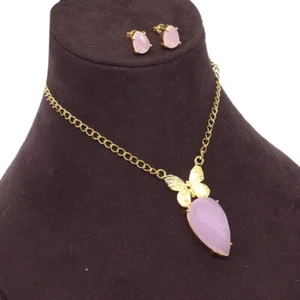 Flower Rose Quartz Necklace Gold Plated Earring Fashion Jewelry Set 18" - Picture 1 of 4
