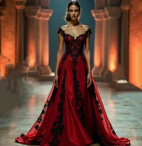 Red And Black Gothic Wedding Dresses Lace Appliques Off Shoulder A-Line Long - Picture 1 of 8