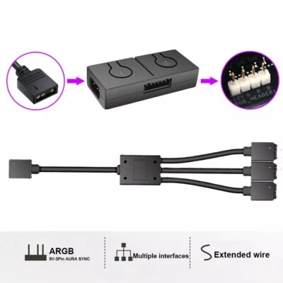 5Vto12V RGB Converter,3-Way Splitter, SATA Connector,Sync w/Motherboard Portable - Image 1 of 4