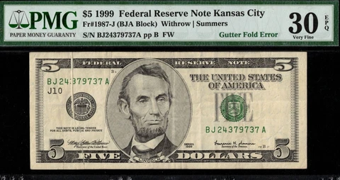 1999 $5.00 FRN "GUTTER FOLD" P.M.G #30EPQ Cover