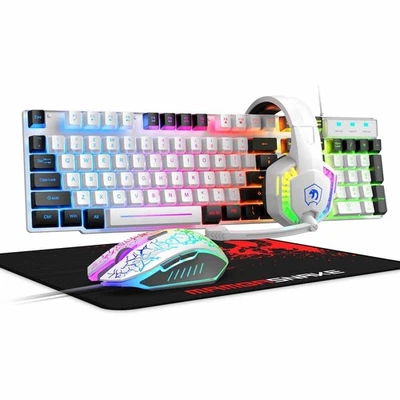 4 in 1 Wired Rainbow LED Backlit Keyboard and Mouse, Over Ear Headphone with Mic - Image 1 of 4