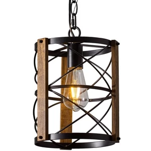 1 Light Wood Pendant Light Farmhouse Pendant Light With Matte Black Finish Hangi - Picture 1 of 7