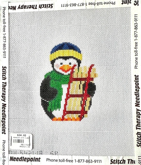 Hand painted needlepoint Penguin with Sled - 13 mesh - 4  tall - NEW - Image 1 of 2
