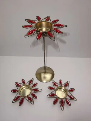 3er Set Teelichthalter Kerzenhalter Metall silberfarben Sterne mit roten Perlen - Bild 1 von 2
