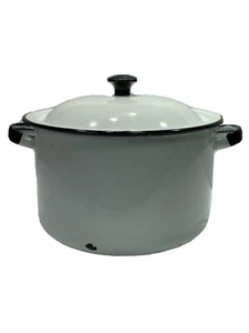 Vintage Enamel Pot With Lid & Handles White & Black Storage Decor Crafts  - Picture 1 of 13