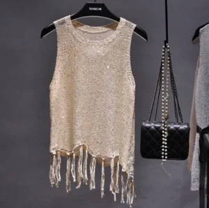 Sexy Sparkly Matte Gold Knitted Tank Tops Womens Sequined Tassels Party - Picture 1 of 1