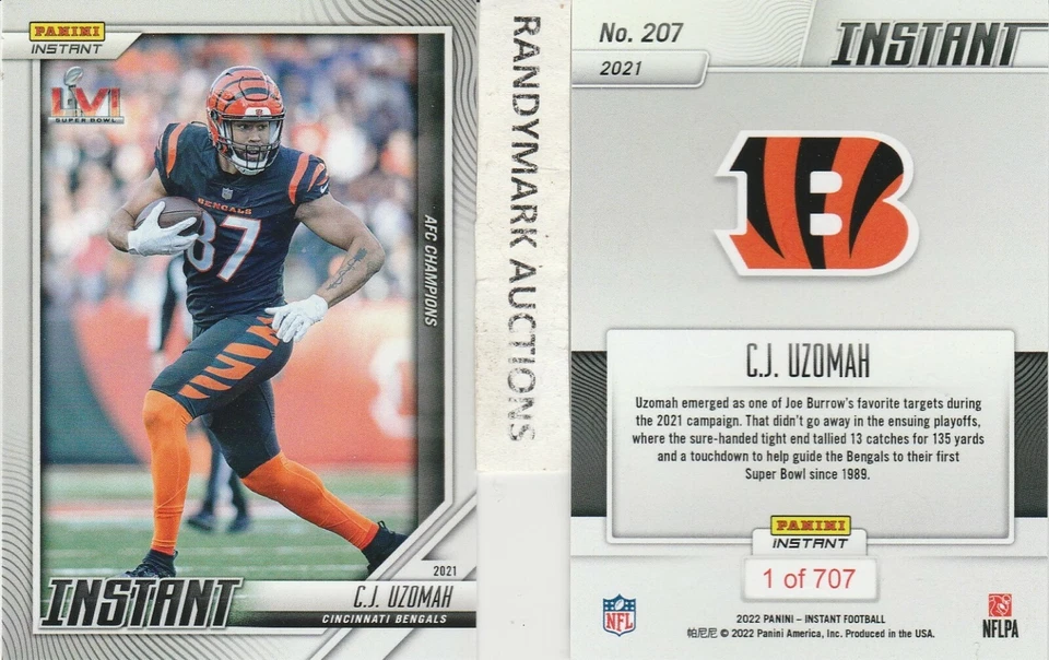 C.J. Uzomah BENGALS 2021 PANINI INSTANT AFC CHAMPIONS SB LVI #207 x/707 - Image 1 of 1