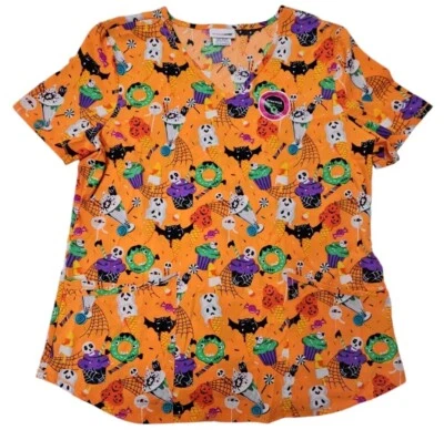 Scrubstar Women's Orange Halloween Scary Sweets Scrub Top Multicolor Size XL - Image 1 of 4