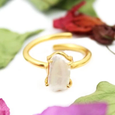 Natural Biwa Pearl Water Pearl Prong Setting Gold Plated Adjustable Ring For Her - Image 1 of 2