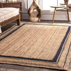 Handmade Natural Pure Jute with Blue Border Design Home Decor Area Rugs - Picture 1 of 4