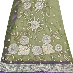 Sanskriti Vintage Design Fabric Hand Beaded Craft Green/Lavender Sequins Work - Picture 1 of 10