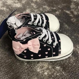 Infant Soft Sole Black and Pink Polka Dot Canvas High Top Shoes Size 1 (NEW) - Picture 1 of 4