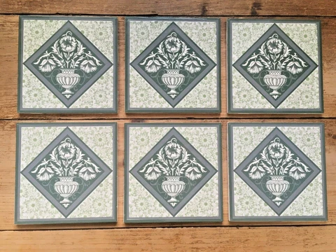 6 VINTAGE GREEN SUNFLOWER FLORAL PRINT VASE URN TILES WILLIAM MORRIS INTEREST Cover