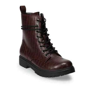 WOMENS SO BOWFIN COMBAT BOOTS BURGUNDY CROCO HIKING MOTO ANKLE SIZE 9.5 NEW !! - Picture 1 of 3