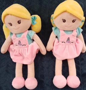 2 Argos Stofftier Mädchen Puppe Einhorn Schürze rosa Kleid Stoffpuppe 2073 - Bild 1 von 9