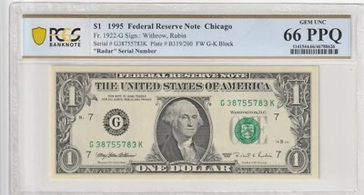 $1 1995 FRN Fr# 1922-G GK Block PCGS UNC 66 PPQ Chicago Radar Serial # - Image 1 of 2