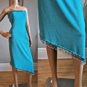 Vintage 90s Y2K Gunne Sax Strapless Prom Dress Midi Blue Glitter Tassel Fringe 5 - Picture 1 of 15