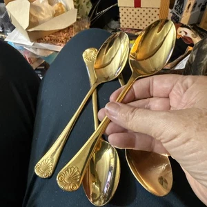 Shell Stainless Korea Gold Electroplate Gold Shell 4-Table Spoons Flatware - Picture 1 of 17