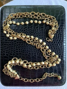Vintage Metallkette Gürtel Damen Medium/Large goldfarben Kunstperlen Hänger Anhänger Boho - Bild 1 von 9