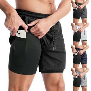 2-in-1 Men Sports Training Running Bodybuilding Workout Gym Shorts With Pockets - Picture 1 of 25