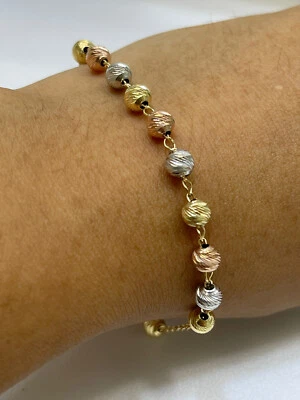 18k Three Tone Gold Diamond Cut Ball Rosary Chain Link Bracelet 6 Inches - Image 1 of 4