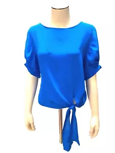CCC Silk Tie Knot Blouse Cobalt Royal Blue Crew Neck Size Extra Small Petite - Picture 1 of 8