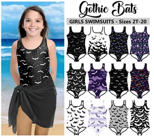 Kids Gothic Bats Swimsuit #4 - Baby Girl Teens Bathing Suit Goth Halloween Dark - Picture 1 of 29
