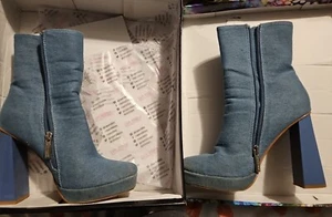 Cape Robbin Trudy Denim Platform Chunky Boots for Women, Square Toe Size 6 - Picture 1 of 4