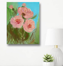 Roses oil original painting, Pink rose canvas wall art, Impasto oil painting