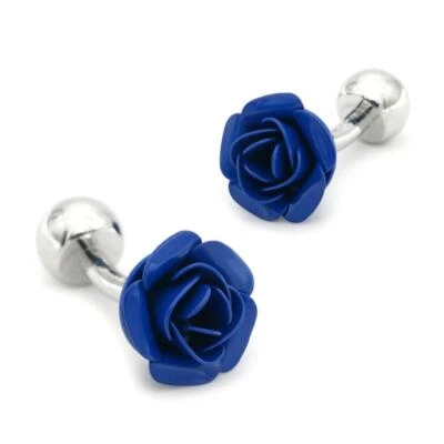 BLUE ROSE CUFFLINKS Metal Enamel Flower Floral w Gift Bag Wedding Party Groom - Image 1 of 4