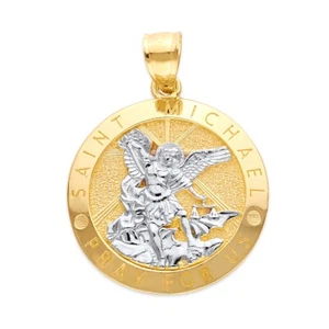Solid Gold Saint Michael Pendant in 10k or 14k, Big Saint Necklace for Men - Picture 1 of 5