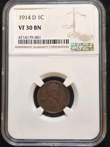 1914 D 1c VF30 NGC ~ LINCOLN WHEAT CENT -- Semi-Key Date - Picture 1 of 2