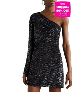 RRP €914 RETROFETE Mini Cocktail Dress Size L Lined Sequins One Shoulder - Picture 1 of 6