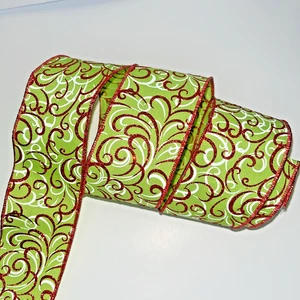 Red White on Lime Green Multi Swirls Wired Edge Christmas Ribbon 2.5"x5yds New - Picture 1 of 3