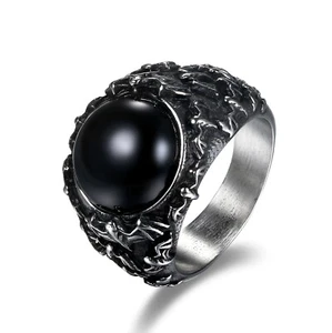 Vintage Men Women Stainless Steel Black Onyx Wedding Ring Signet Band Size 7-12 - Picture 1 of 7