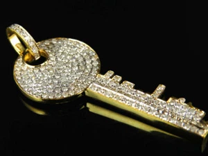Key Shape 2.5ct Cubic Zirconia Men's Pendant 14K Yellow Gold Plated Silver - Picture 1 of 8