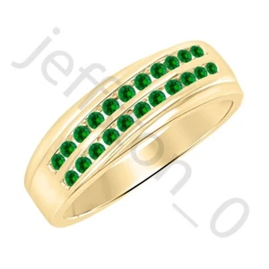 0.90Ct Lab Created Emerald 14K Yellow Gold Over Two Rows Wedding Band Men's Ring - Picture 1 of 5