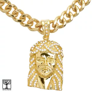 Herren vergoldet Jesus Gesicht Anhänger 24" schwere kubanische Kette Halskette KC 8012 G - Bild 1 von 3